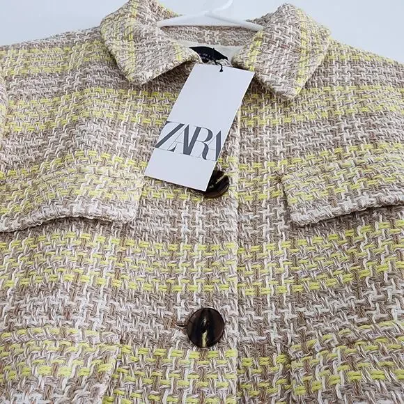 Zara Beige & Yellow Plaid Textured Cropped Lapel Collar Blazer Size Large - Picture 6 of 8
